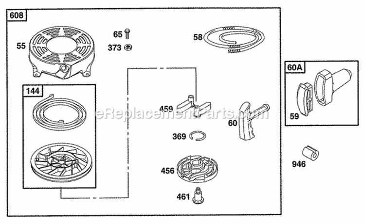 Rewind Assembly Diagram and Parts List for 12S802-0844-01  Briggs and Stratton Engine